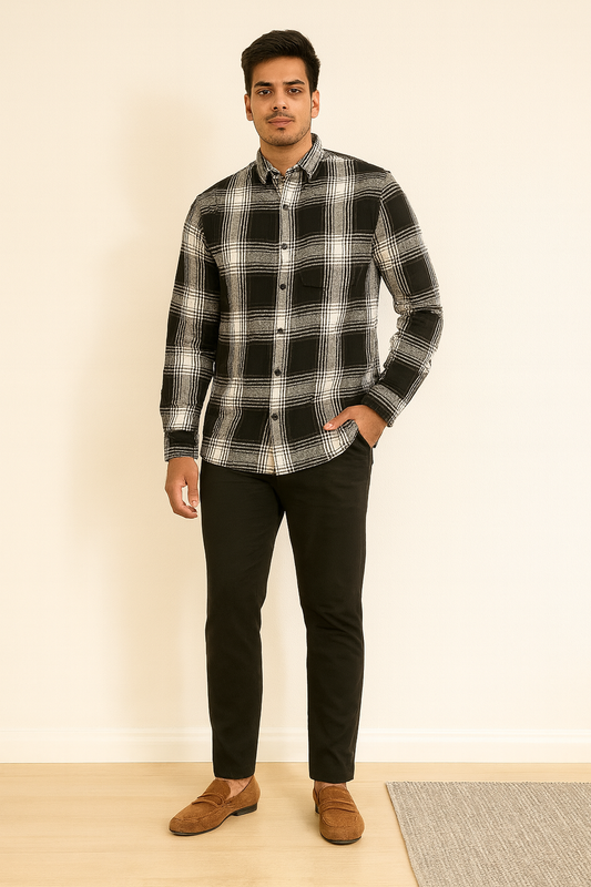 Men’s Black & White Checked Casual Shirt – Slim Fit Long Sleeve | BOOLDOTTA FASHION